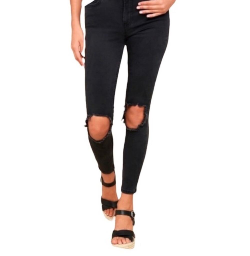 Free People Black Denim Destroyed Knee Skinny Jean Womens 27 Grunge Stretch